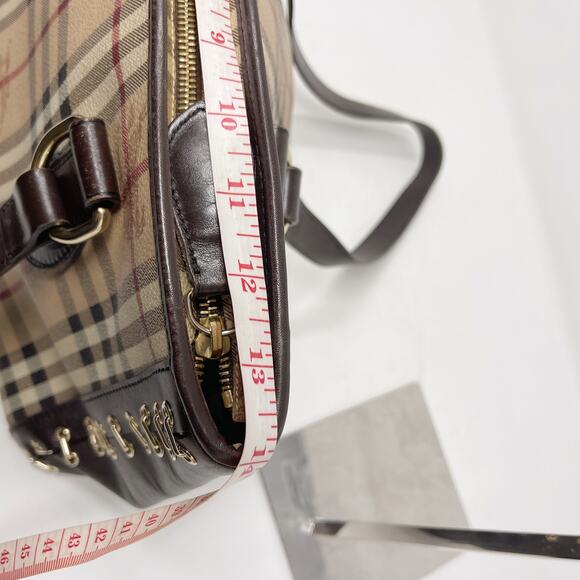 Burberry Brown Beige Haymarket Check Canvas Regent Grommet Tote Bag Double Strap - Picture 16 of 16